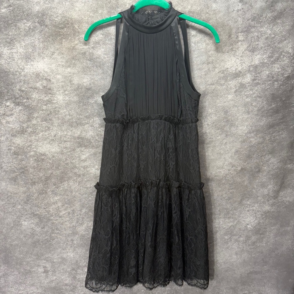 Y2K Bebe Silk Lace Halter Tiered Mini Dress Size 4 Black Pintuck LBD Baddie